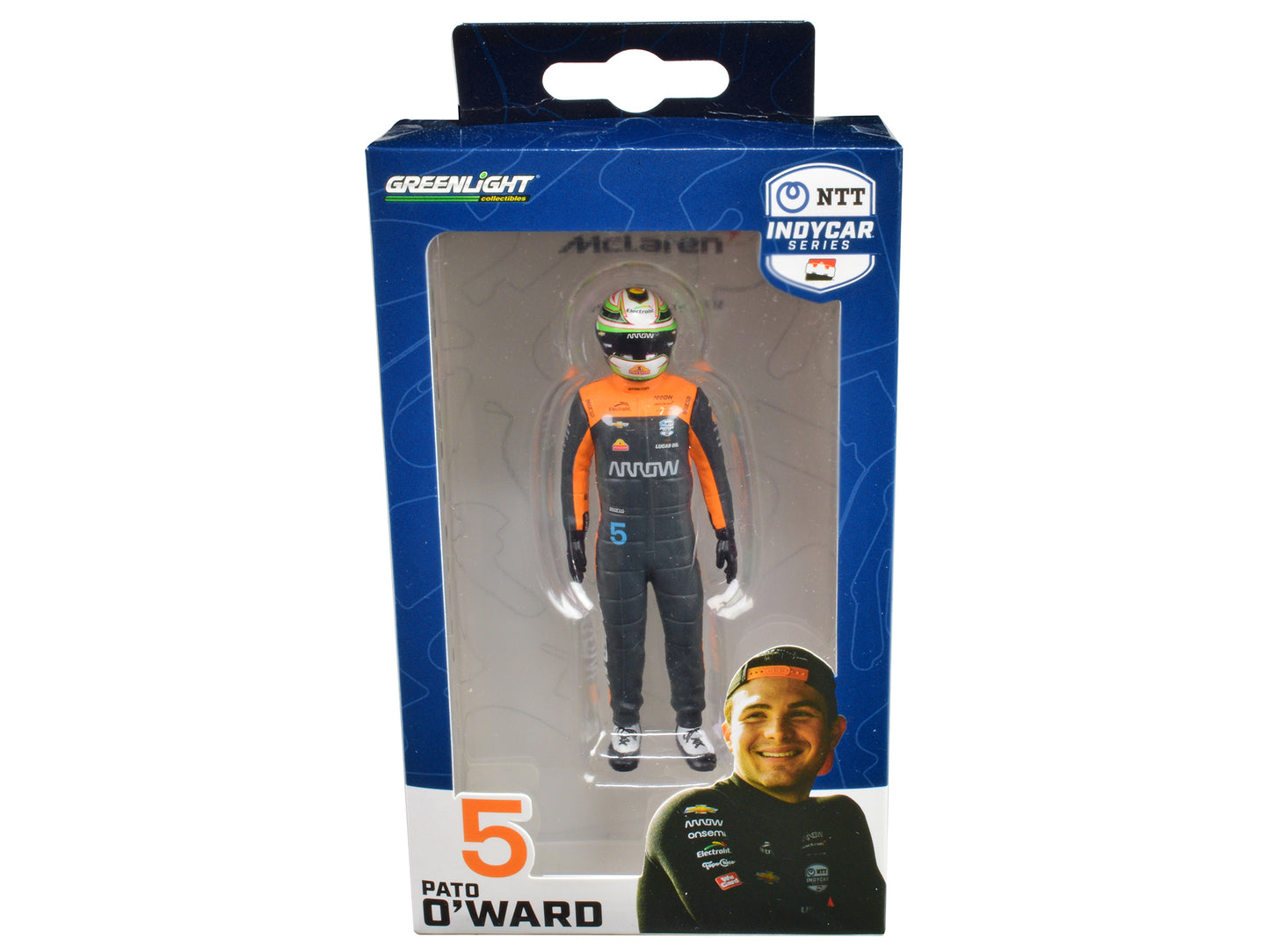 Brand new 1/18 scale of "NTT IndyCar Series" #5 Pato O’Ward Driver Figure "Arrow - Arrow McLaren" for 1/18 scale models by Greenlight.