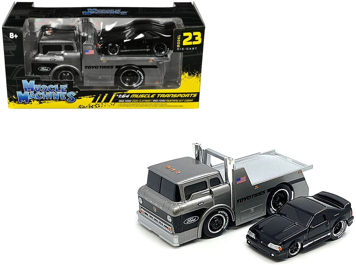 Brand new 1/64 scale diecast models of 1966 Ford C600 Flatbed Truck Gray Metallic and 1993 Ford Mustang SVT Cobra Black