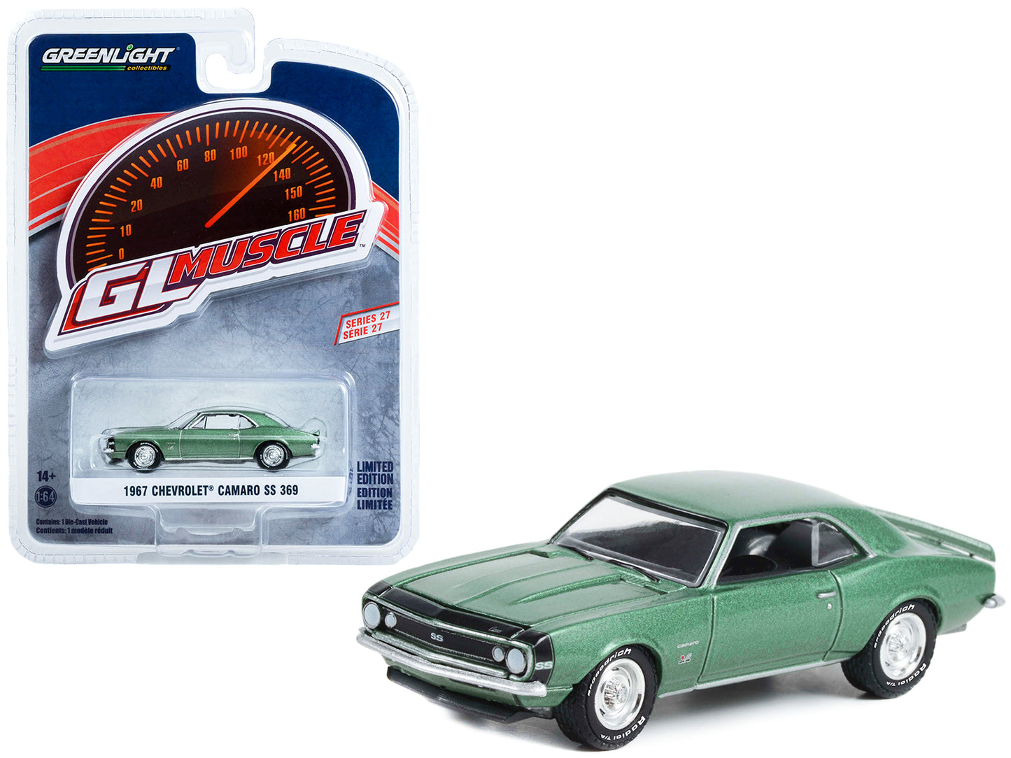 Brand new 1/64 scale diecast car model of 1967 Chevrolet Camaro SS 369 Mountain Green Metallic Greenlight Muscle Series 27 die cast model ca