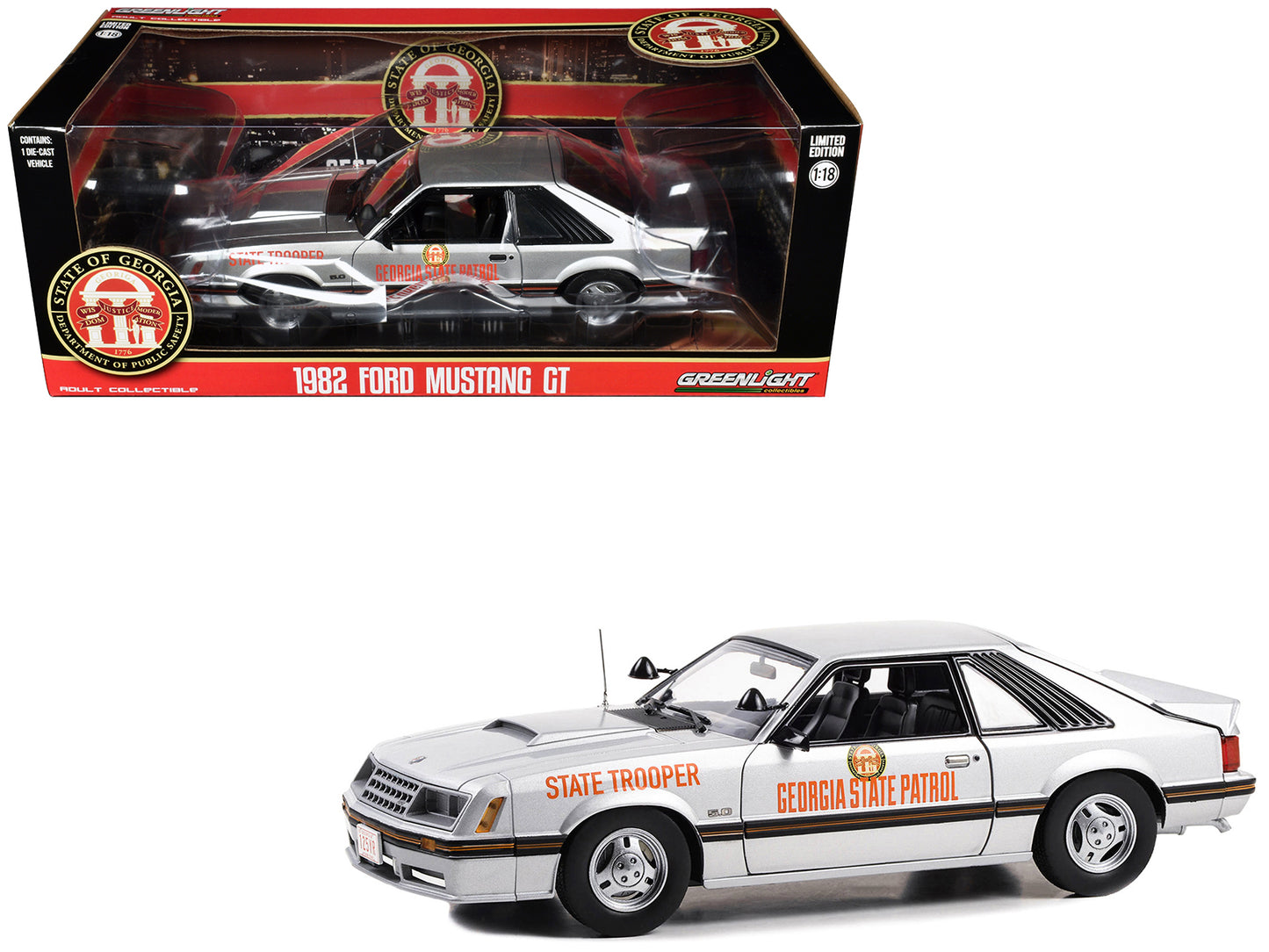 Brand new 1/18 scale diecast car model of 1982 Ford Mustang SSP Silver Metallic "Georgia State Patrol State Trooper" die
