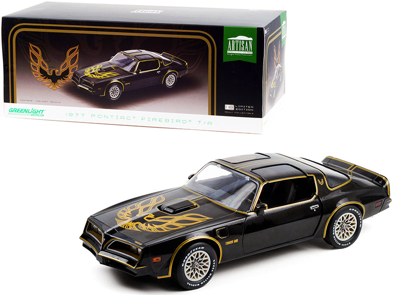 Brand new 1/18 scale diecast car model of 1977 Pontiac Firebird T/A Trans Am Starlite Black with Golden Eagle Hood Bird die cast model car b