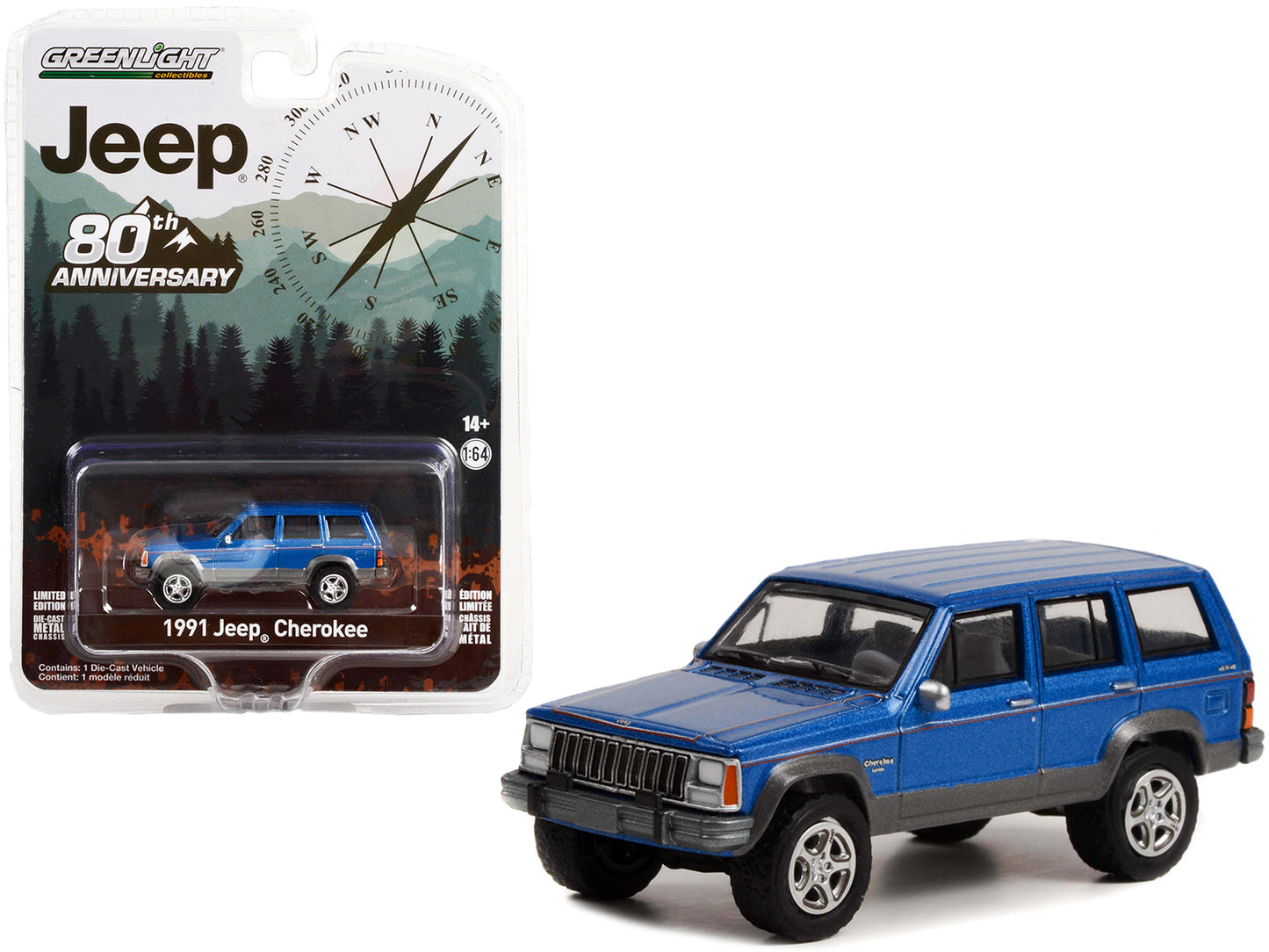 Brand new 1/64 scale diecast car model of 1991 Jeep Cherokee Blue Metallic with Red Stripes Jeep 80th Anniversary Edition Anniversary Collec