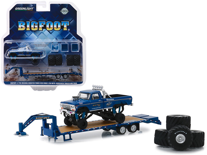 Brand new 1/64 scale diecast car model of 1974 Ford F-250 Monster Truck Bigfoot #1 The Original Monster Truck 1979 with Gooseneck Trailer an