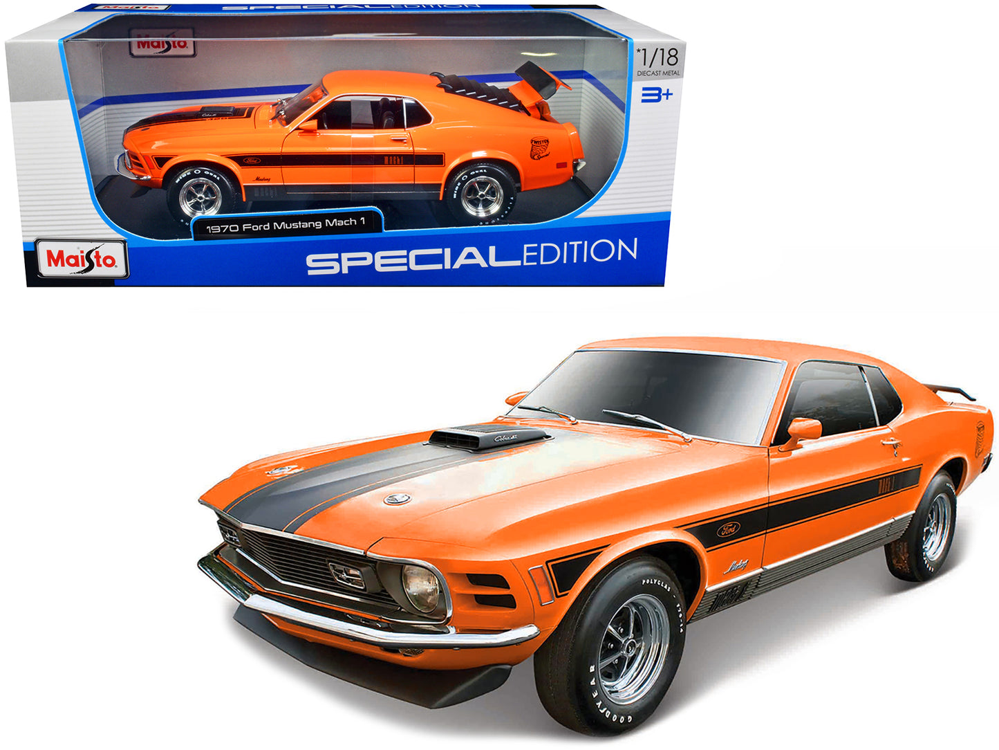 Brand new 1/18 scale diecast car model of 1970 Ford Mustang Mach 1 428 Twister Special Orange with Black Stripes Special Edition die cast mo