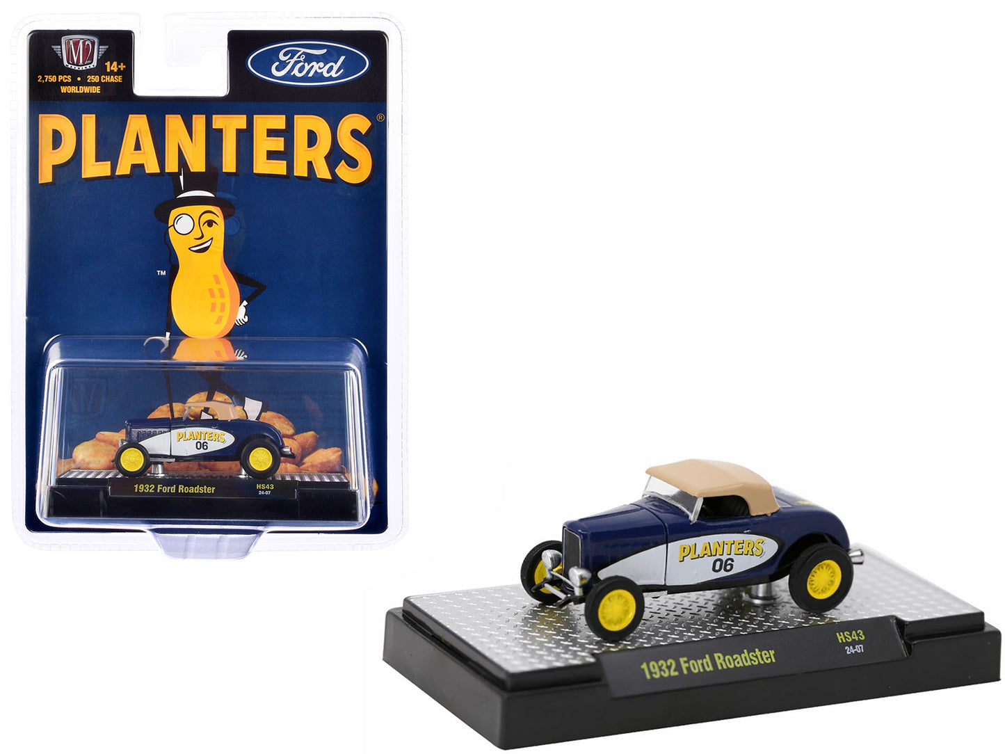 Brand new 1/64 scale diecast car model of 1932 Ford Roadster #06 Blue and White with Tan Soft Top "Planters Peanuts" Lim