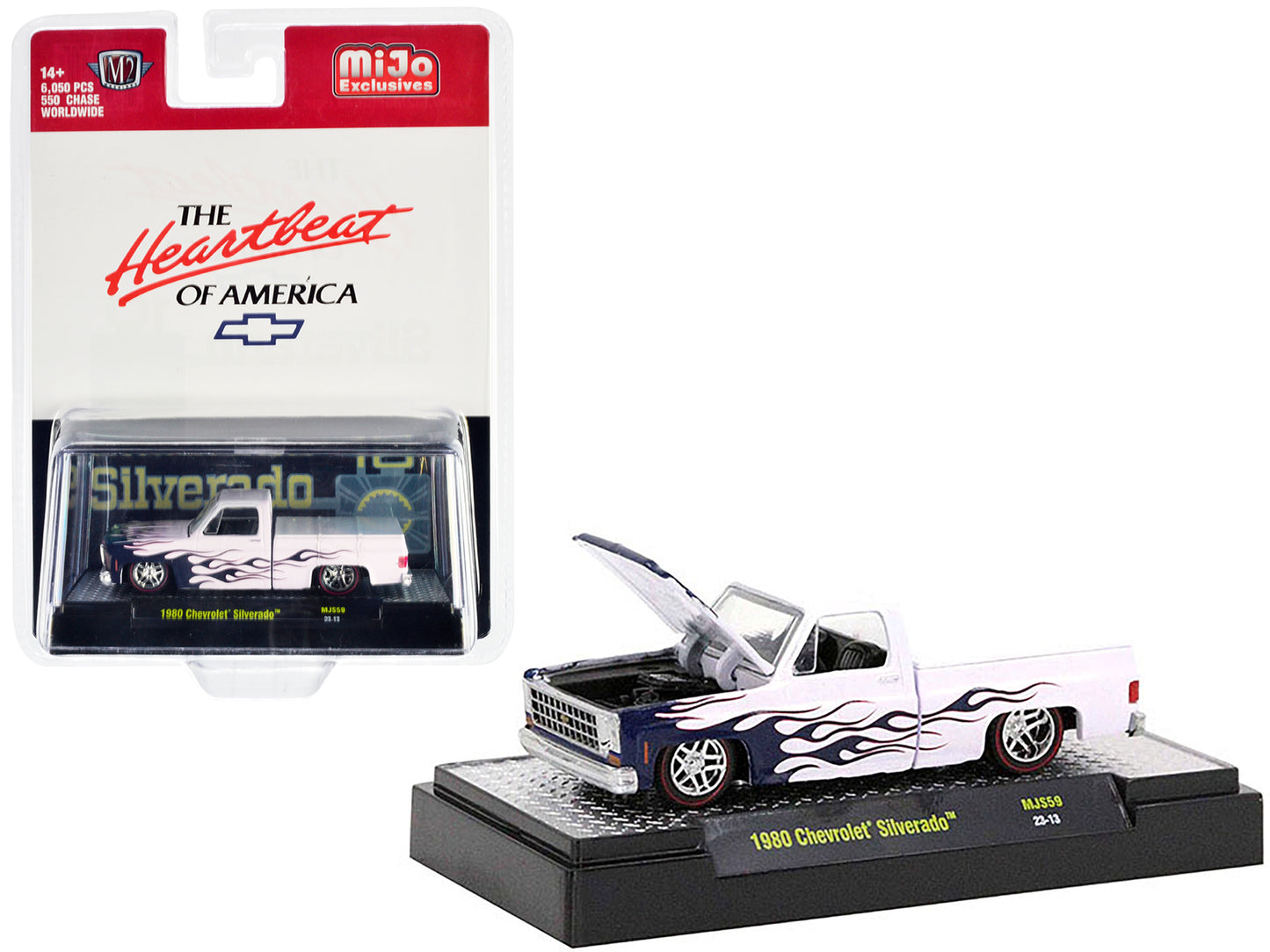 Brand new 1/64 scale diecast car model of 1980 Chevrolet Silverado Pickup Truck White with Blue Flames The Heartbeat of America Limited Edit