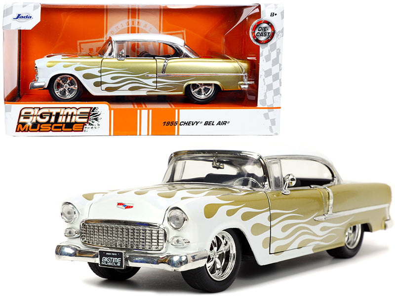 Brand new 1/24 scale diecast car model of 1955 Chevrolet Bel Air White and Gold with Flames "Bigtime Muscle" die cast mo