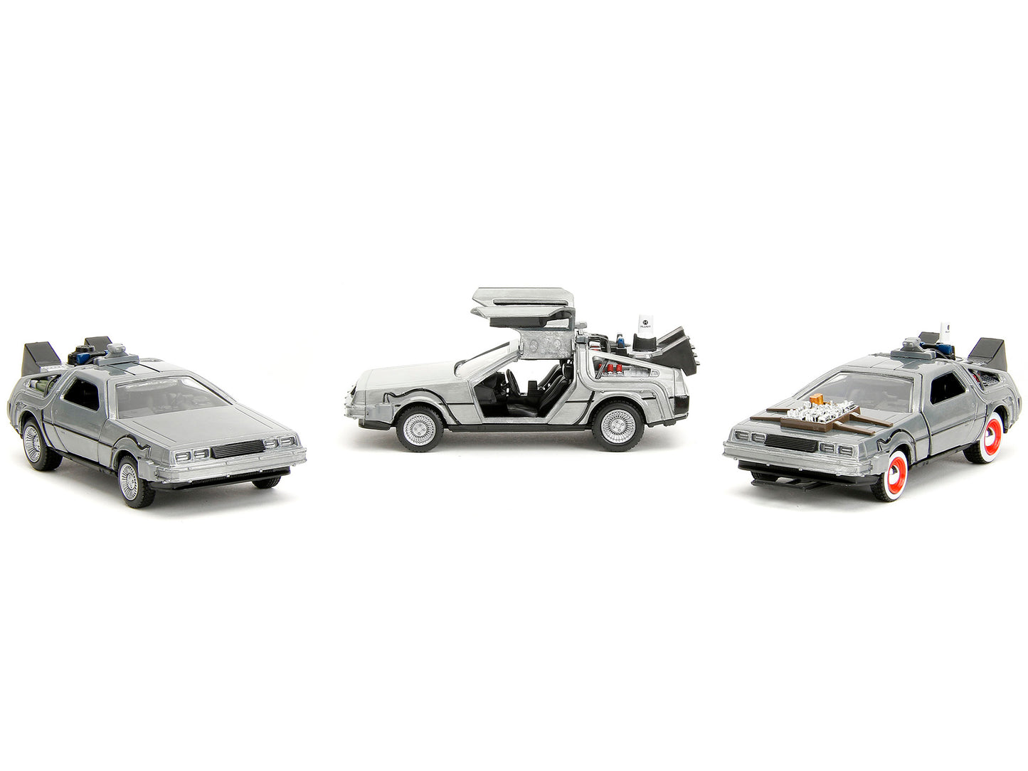 Brand new 1/32 scale diecast car models of Back to the Future Delorean Set of 3 pieces Hollywood Rides Series die cast model cars by Jada.
