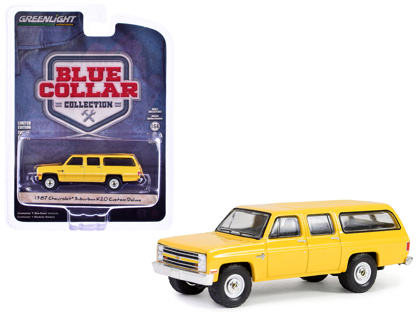 Brand new 1/64 scale diecast car model of 1987 Chevrolet Suburban K20 Custom Deluxe Construction Yellow "Blue Collar Col