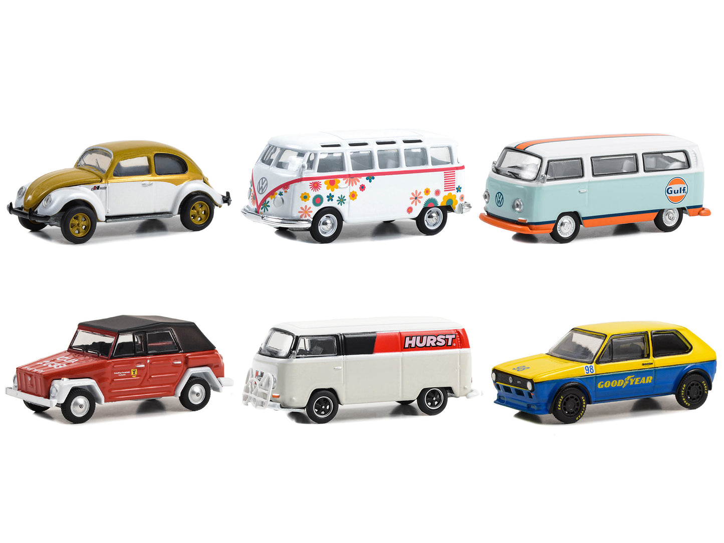 Brand new 1/64 scale diecast car models of Club Vee V-Dub Set of 6 pieces Series 17 die cast model cars by Greenlight.
Brand new boxes.
Li