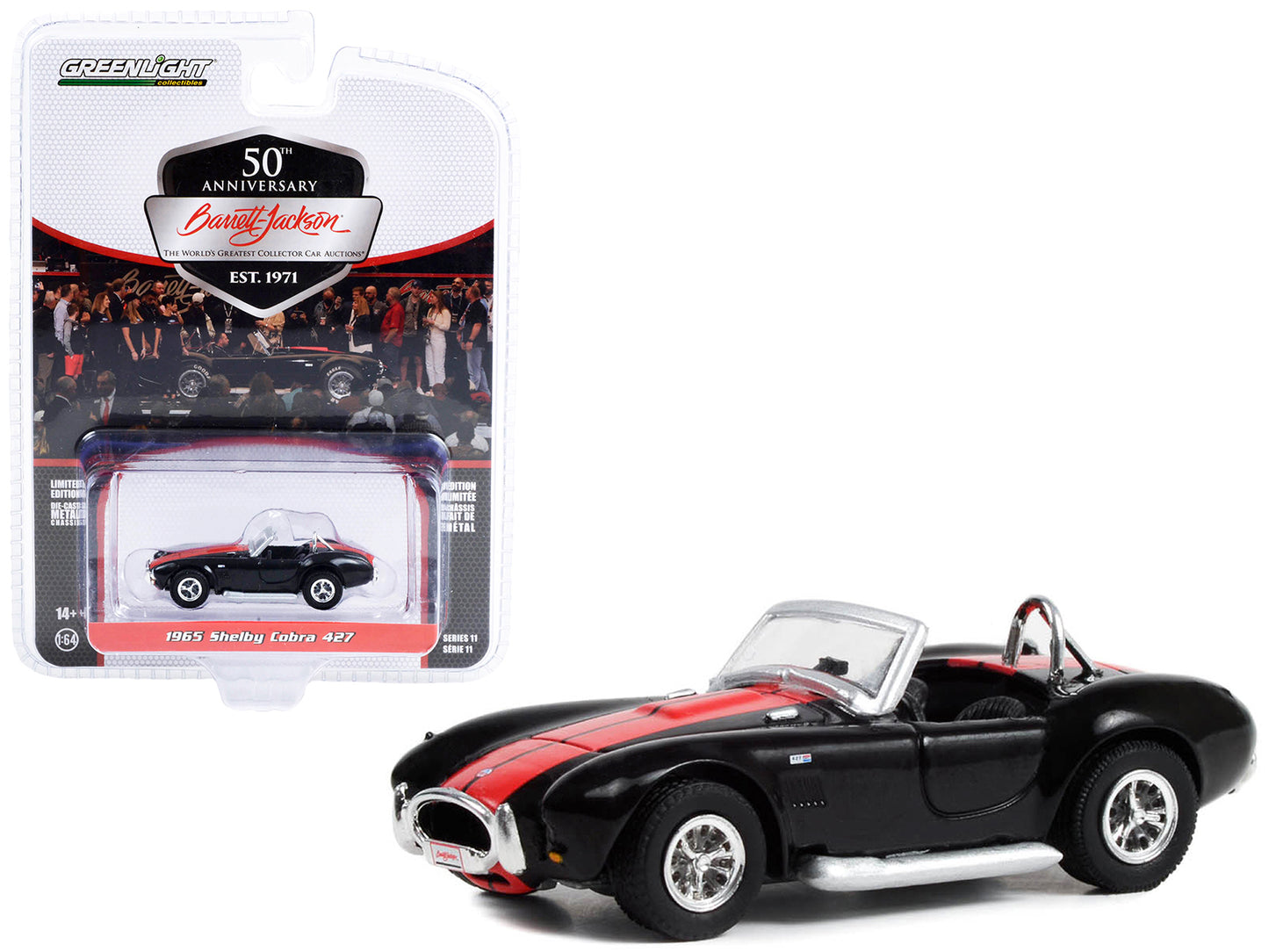 Brand new 1/64 scale diecast car model of 1965 Shelby Cobra 427 Black with Red Stripes Lot #3002 Barrett Jackson Scottsdale Edition Series 1