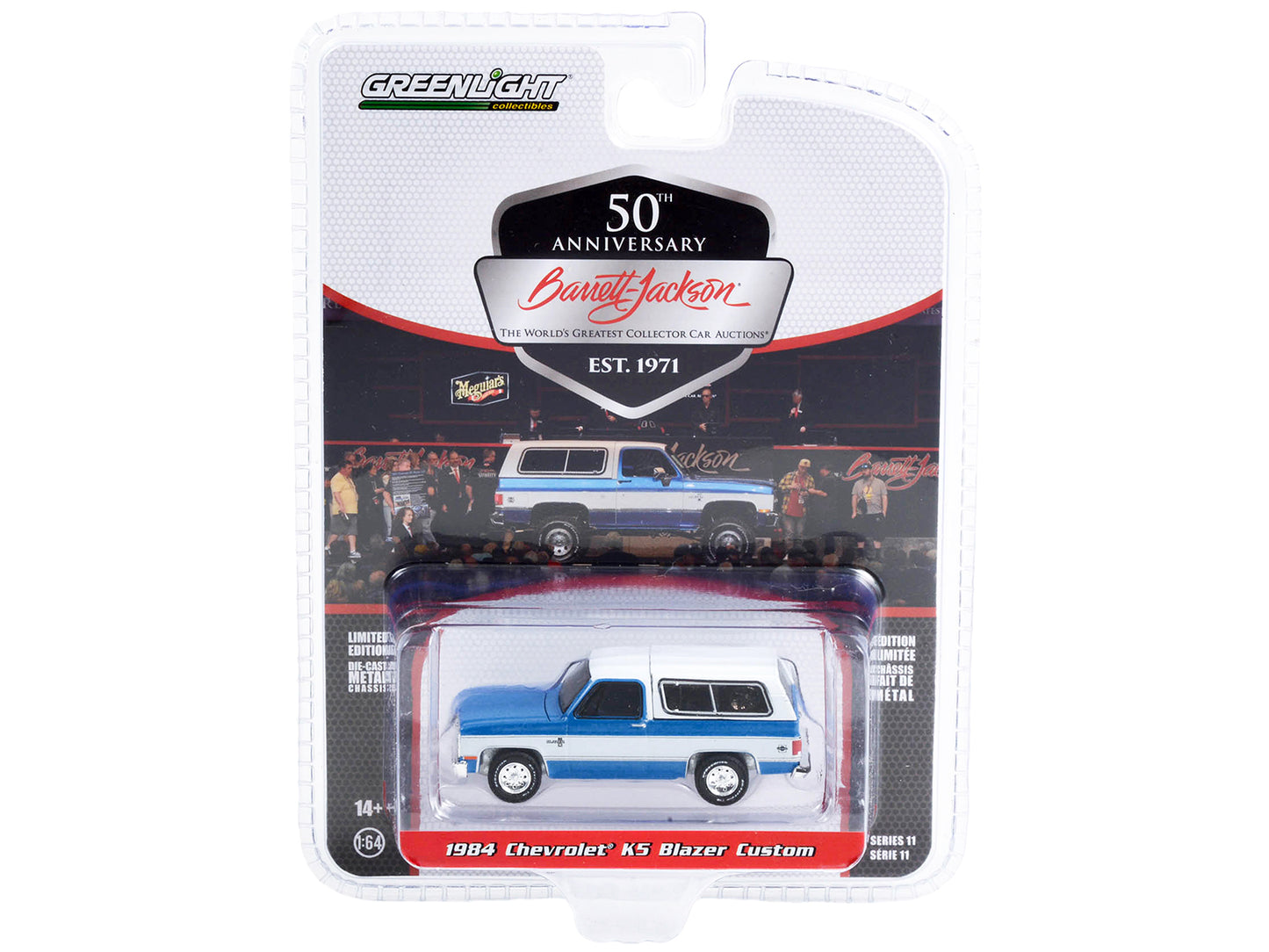 Brand new 1/64 scale diecast car model of 1984 Chevrolet K5 Blazer Custom Blue and White Lot #534 Barrett Jackson Scottsdale Edition Series