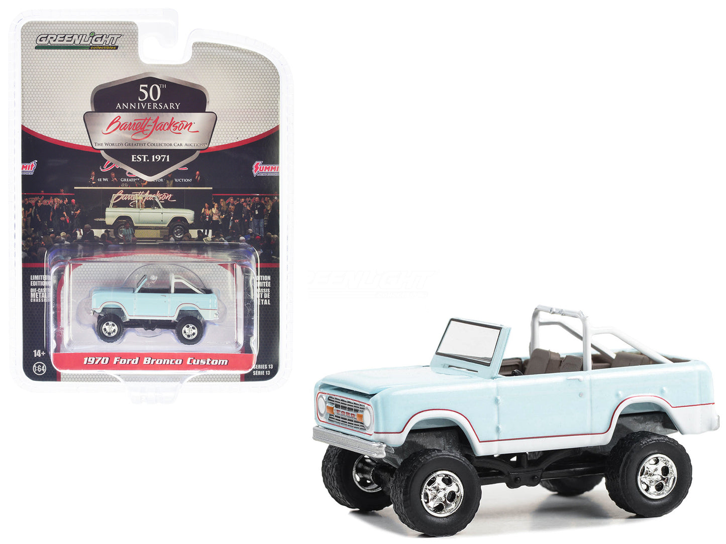 Brand new 1/64 scale diecast car model of 1970 Ford Bronco Custom Sea Foam Blue Lot #1340.1 Barrett Jackson Scottsdale Edition Series 13 die