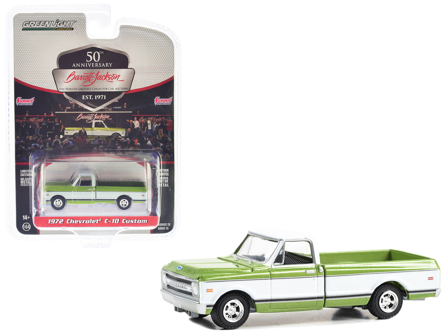 Brand new 1/64 scale diecast car model of 1972 Chevrolet C-10 Custom Pickup Truck Green Metallic and White Lot #798 Barrett Jackson Scottsda