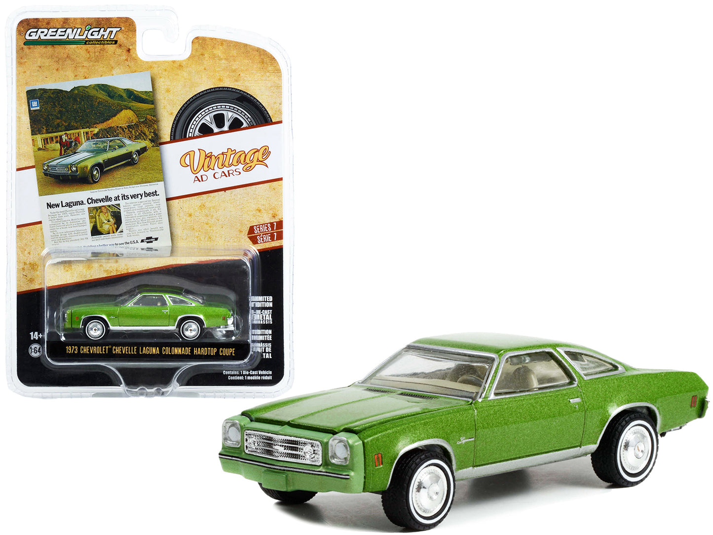 Brand new 1/64 scale diecast car model of 1973 Chevrolet Chevelle Laguna Colonnade Hardtop Coupe Green Metallic New Laguna. Chevelle At Its