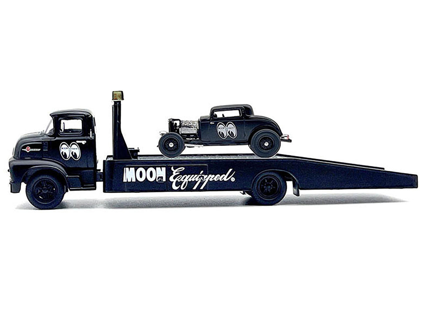 Brand new 1/64 scale diecast model of 1956 Ford COE Ramp Truck Matt Black and 1932 Ford 3 Window Coupe Matt Black "Moone