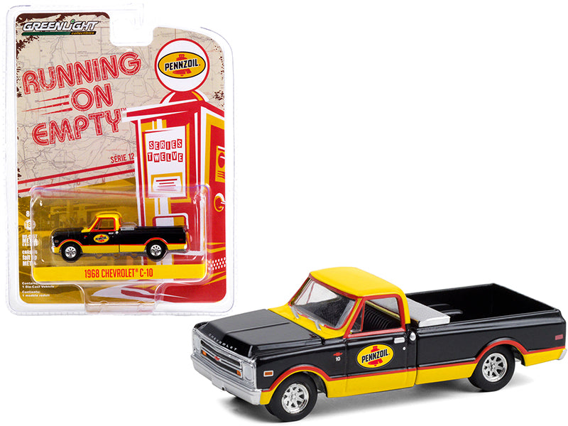 Brand new 1/64 scale diecast car model of 1968 Chevrolet C-10 Pickup Truck with Toolbox Pennzoil Black and Yellow Running on Empty Series 12