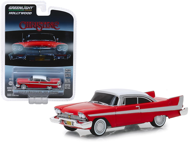 Brand new 1/64 scale car model of 1958 Plymouth Fury Red with White Top Evil Version Blacked Out Windows Christine 1983 Movie Hollywood Seri