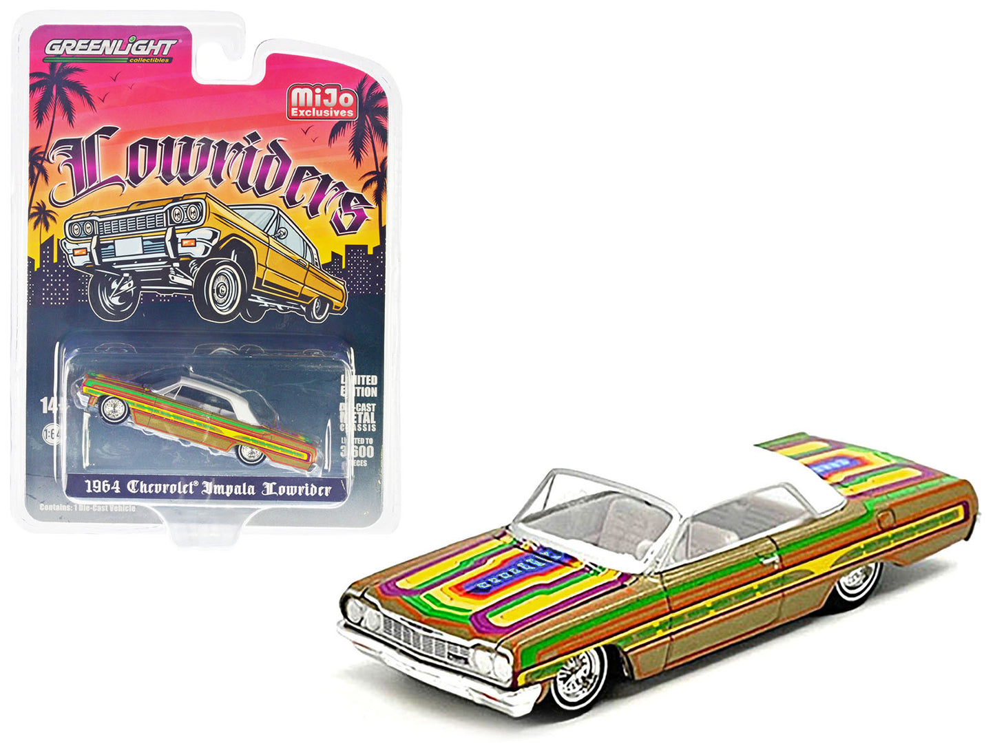 Brand new 1/64 scale diecast car model of 1964 Chevrolet Impala Lowrider Gold Metallic with Graphics and White Top and Interior Lowriders Se