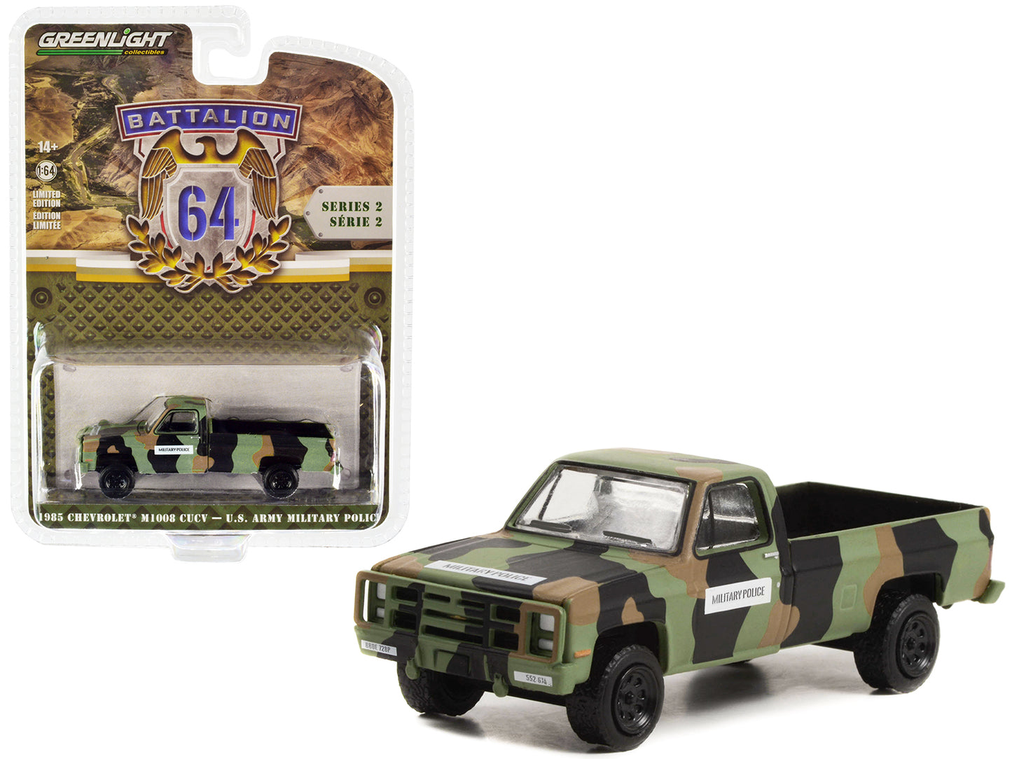 Brand new 1/64 scale diecast car model of 1985 Chevrolet M1008 CUCV Pickup Truck Camouflage "U.S. Army Military Police"