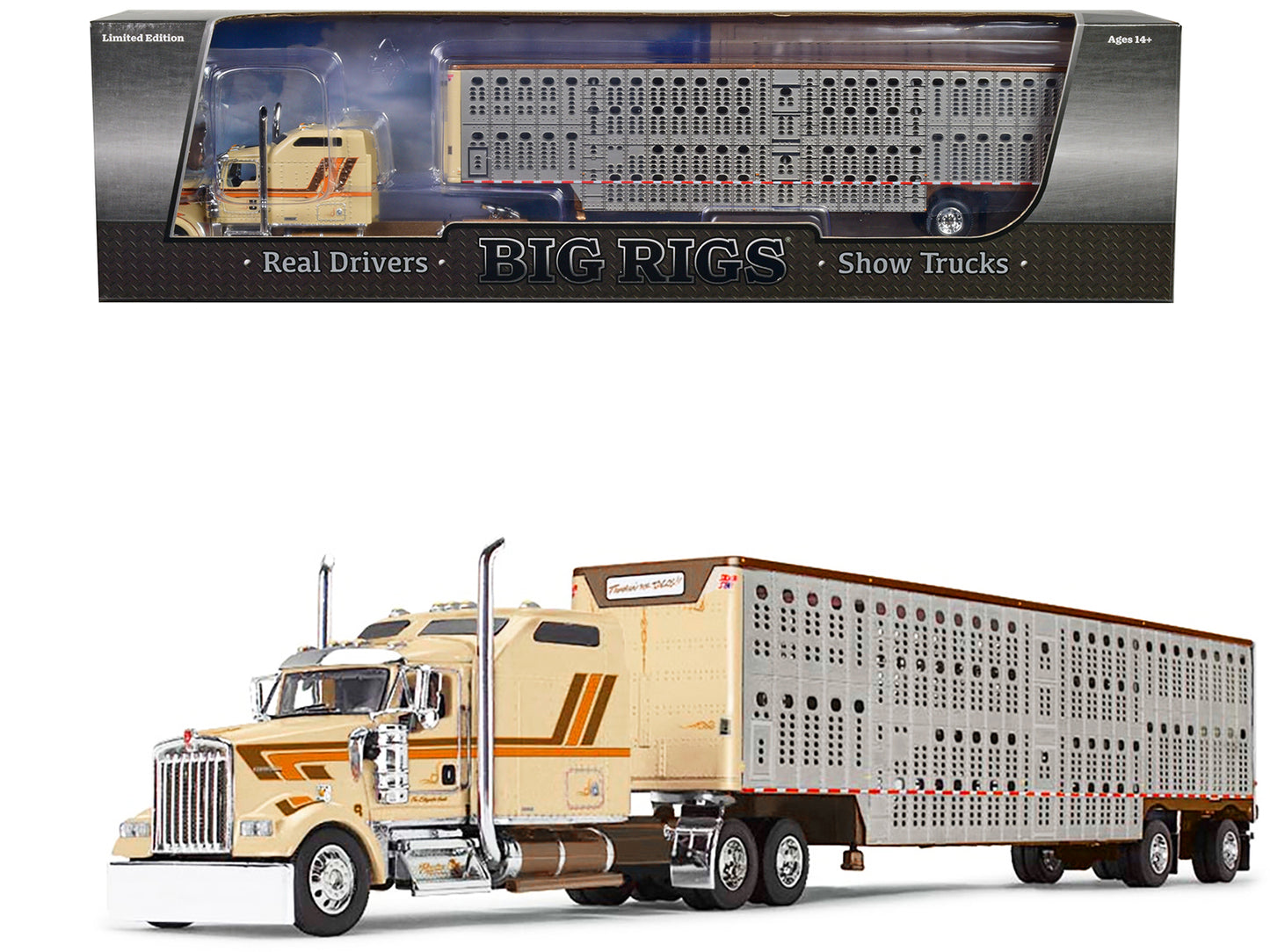 Brand new 1/64 scale diecast model of Kenworth W900L with 86 Studio Sleeper and Wilson Silverstar Livestock Trailer Beige Paradise Trucking