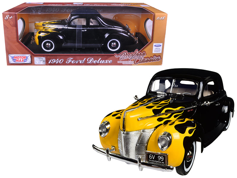 Brand new 1:18 scale diecast model of 1940 Ford Deluxe Black with Yellow Flames Timeless Classics die cast model car by Motormax.
Has