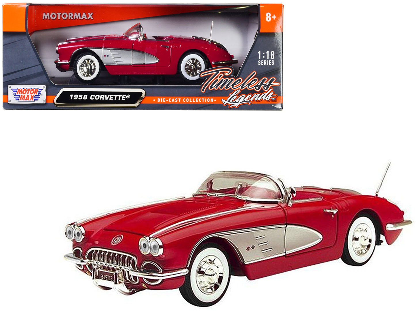 Brand new 1/18 scale diecast car model of 1958 Chevrolet Corvette Convertible Red die cast model car by Motormax.
Brand new box.
Real rubb