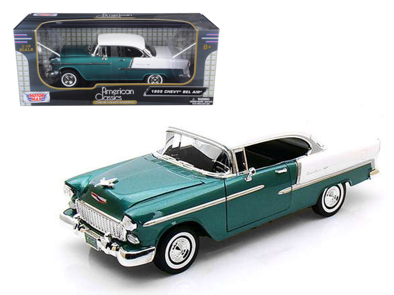 Brand new 1/18 scale diecast car model of 1955 Chevrolet Bel Air Hard Top Green Metallic and White die cast model car by