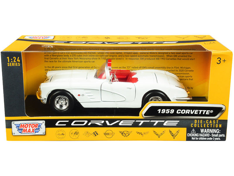 Brand new 1/24 scale diecast car model of 1959 Chevrolet Corvette C1 Convertible White with Red Interior History of Corvette Series die cast