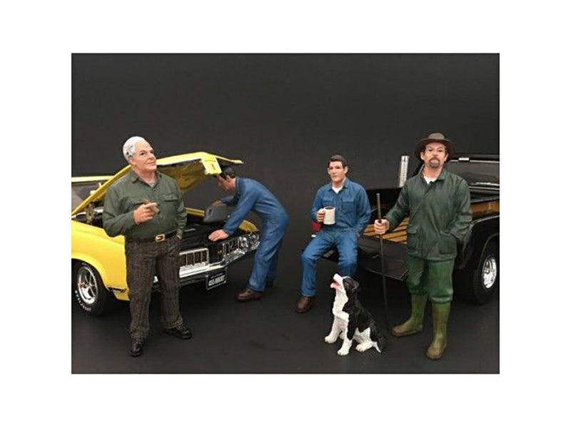 Brand new 1/18 scale of Mechanics, Customer and a Dog 5 piece Figurine Set for 1/18 scale models by American Diorama.
Hand painted
