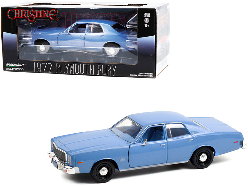 Brand new 1/24 scale diecast car model of 1977 Plymouth Fury Pearl Steel Blue Detective Rudolph Junkins' Christine 1983 Movie die cast model