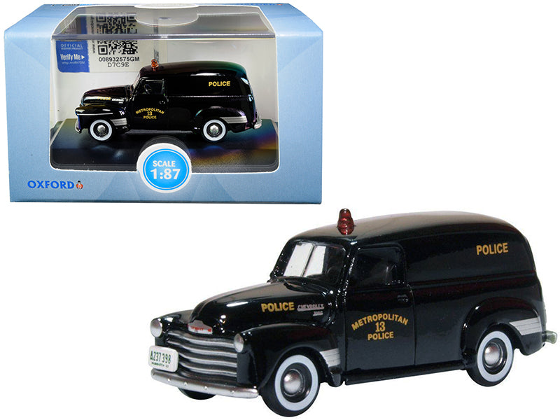 Brand new 1/87 HO scale diecast car model of 1950 Chevrolet Panel Van Black Metropolitan 13 Police Washington D.C. die cast model car by Oxf