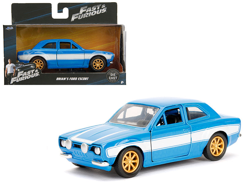 Brand new 1/32 scale diecast car model of Brian's Ford Escort Light Blue with White Stripes Fast Furious Movie die cast model car by Jada.