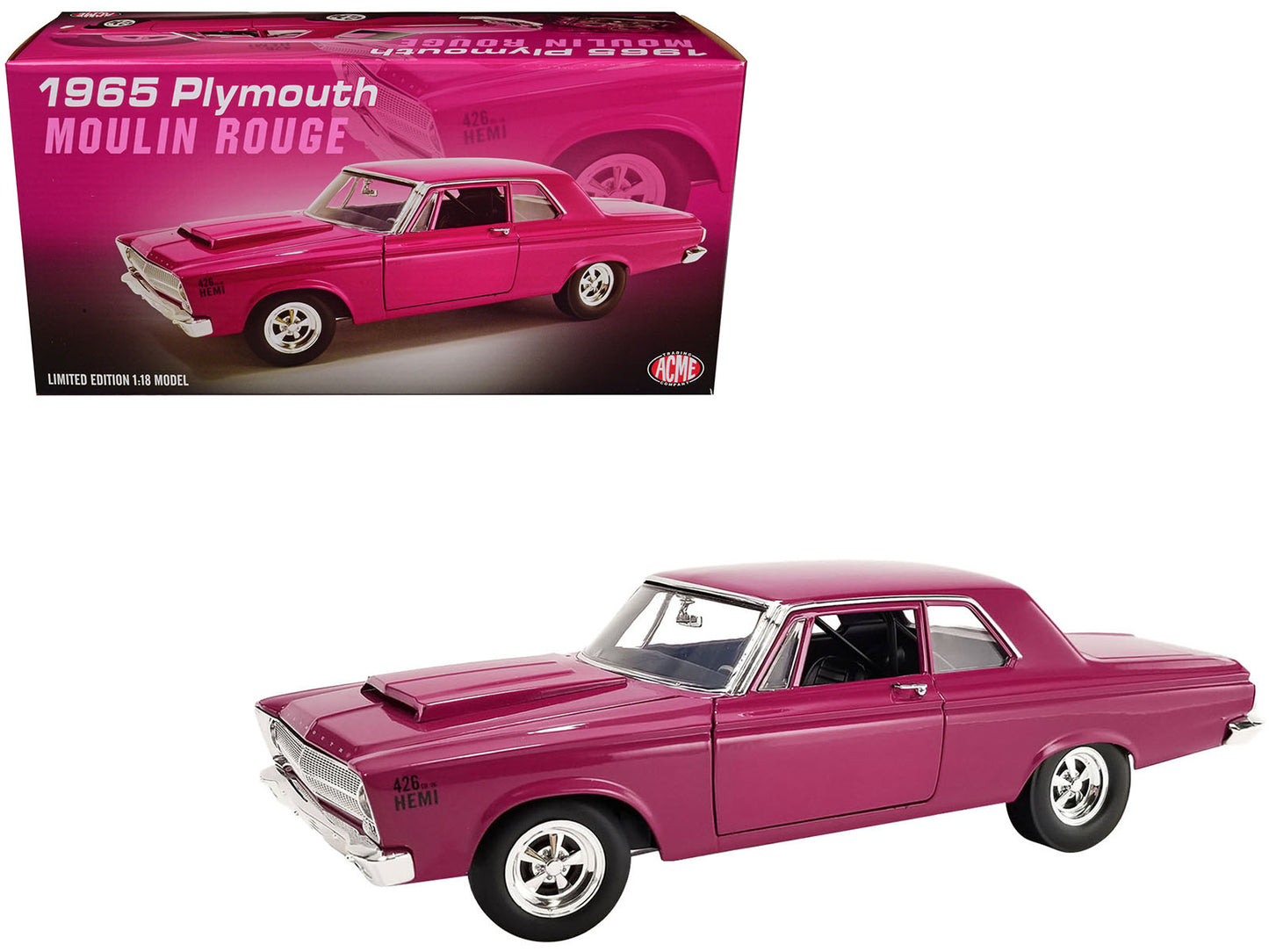 Brand new 1/18 scale diecast car model of 1965 Plymouth Belvedere Moulin Rouge Violet Limited Edition to 264 pieces Worldwide die cast model