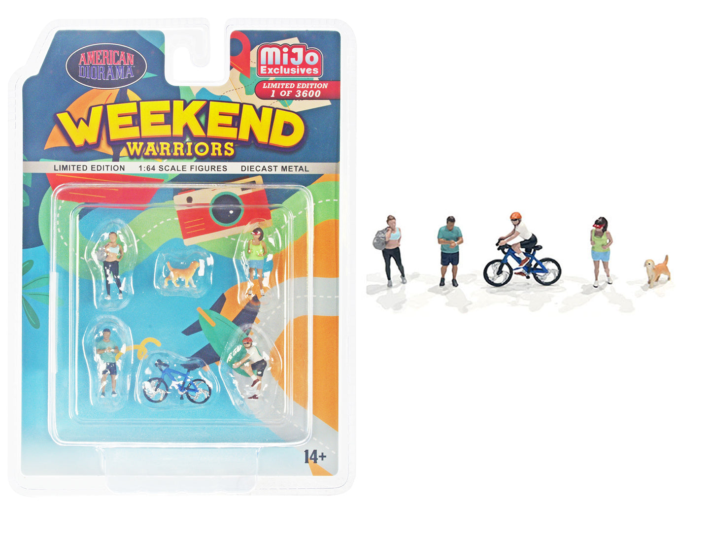 Brand new 1/64 scale diecast models of "Weekend Warriors" 6 piece Diecast Figure Set (4 Figures, 1 Dog, 1 Bicycle) Limit