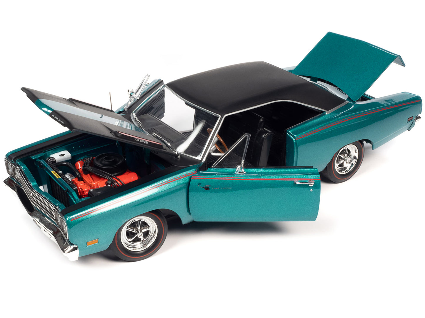 Brand new 1/18 scale diecast car model of 1969 Plymouth Road Runner Seafoam Turquoise Metallic with Black Top and Red Stripes Muscle Car Cor