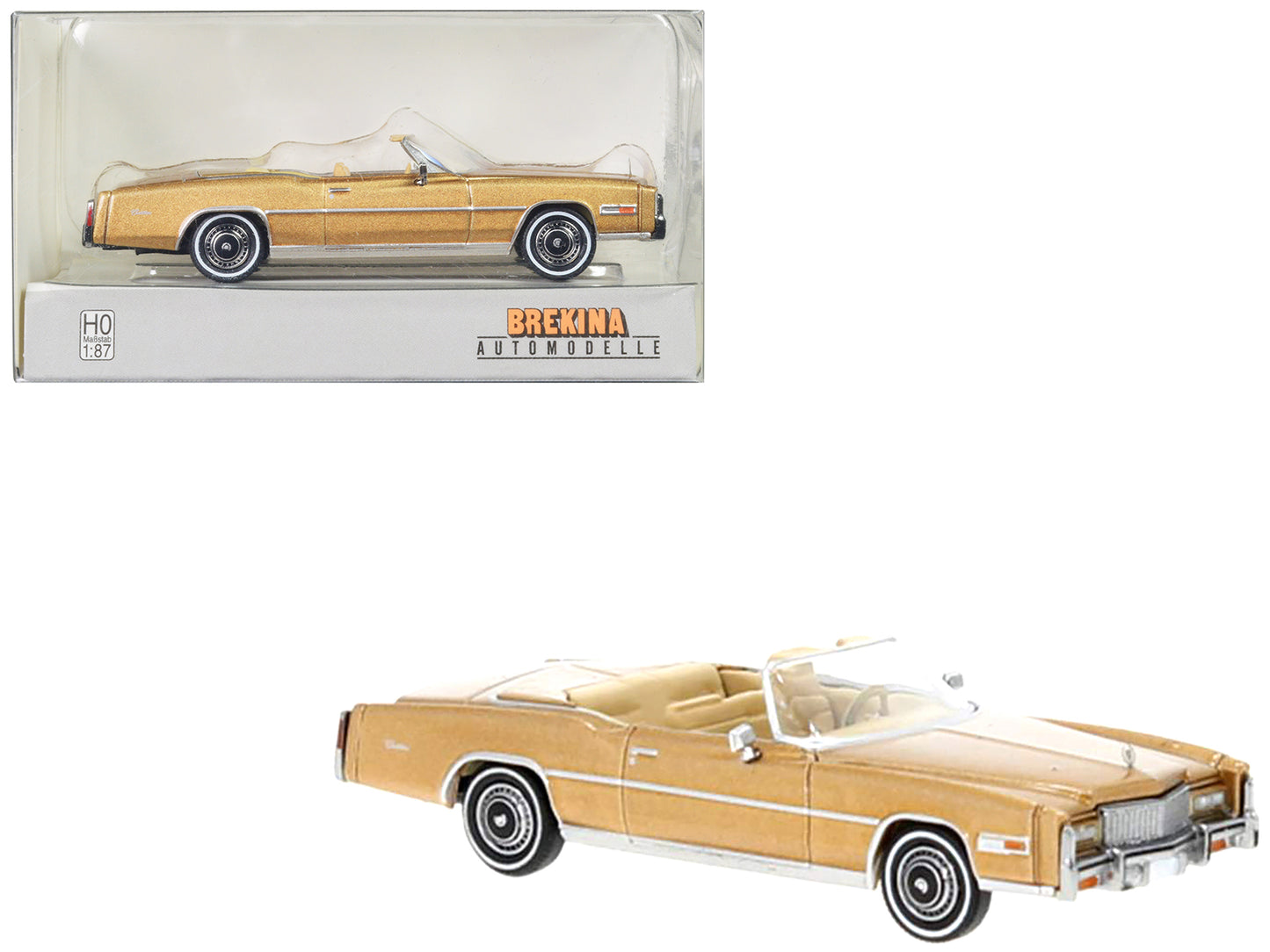 Brand new 1/87 scale plastic car model of 1976 Cadillac Eldorado Convertible Beige Metallic plastic model car by Brekina