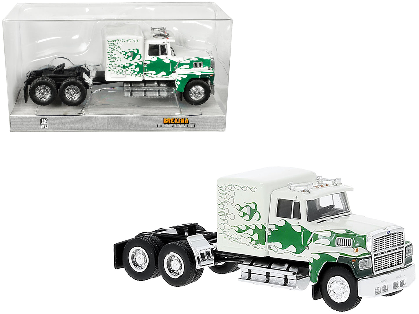 Brand new 1/87 scale plastic car model of 1978 Ford LTL 9000 Truck Tractor White with Green Flames plastic model car by