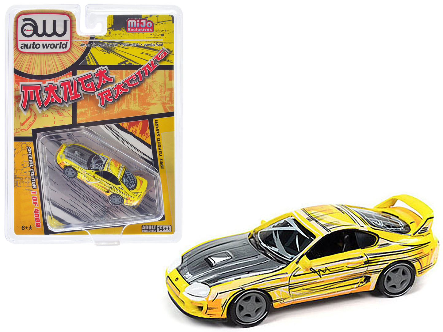 Brand new 1/64 scale diecast car model of 1997 Toyota Supra Yellow with Manga Art Style Graphics Limited Edition to 4800