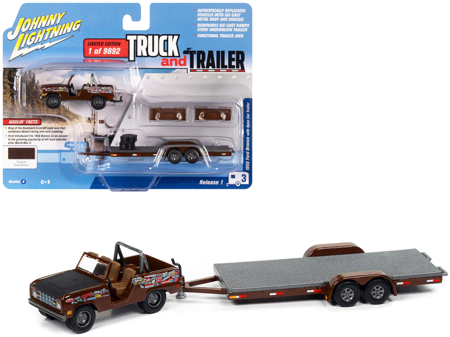 Brand new 1/64 scale diecast car model of 1966 Ford Bronco Dark Brown with Black Hood and Graphics with Open Trailer Limited Edition to 9892