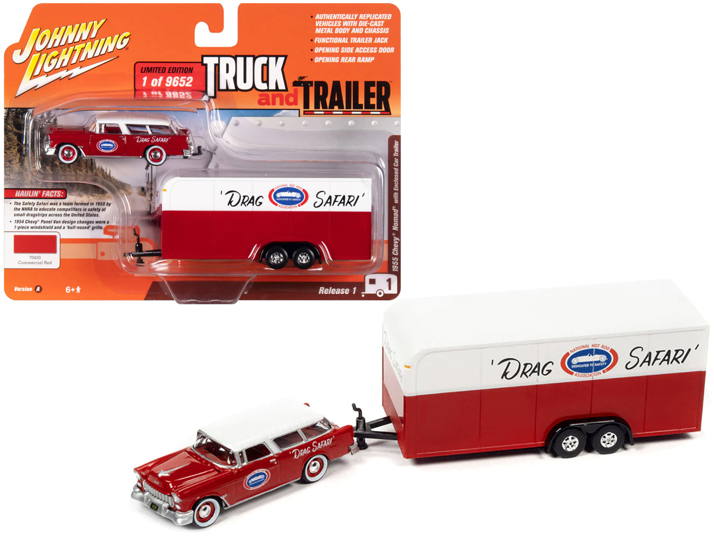 Brand new 1/64 scale diecast car model of 1955 Chevrolet Nomad NHRA Drag Safari Commercial Red with White Top with Enclosed Car Trailer Limi