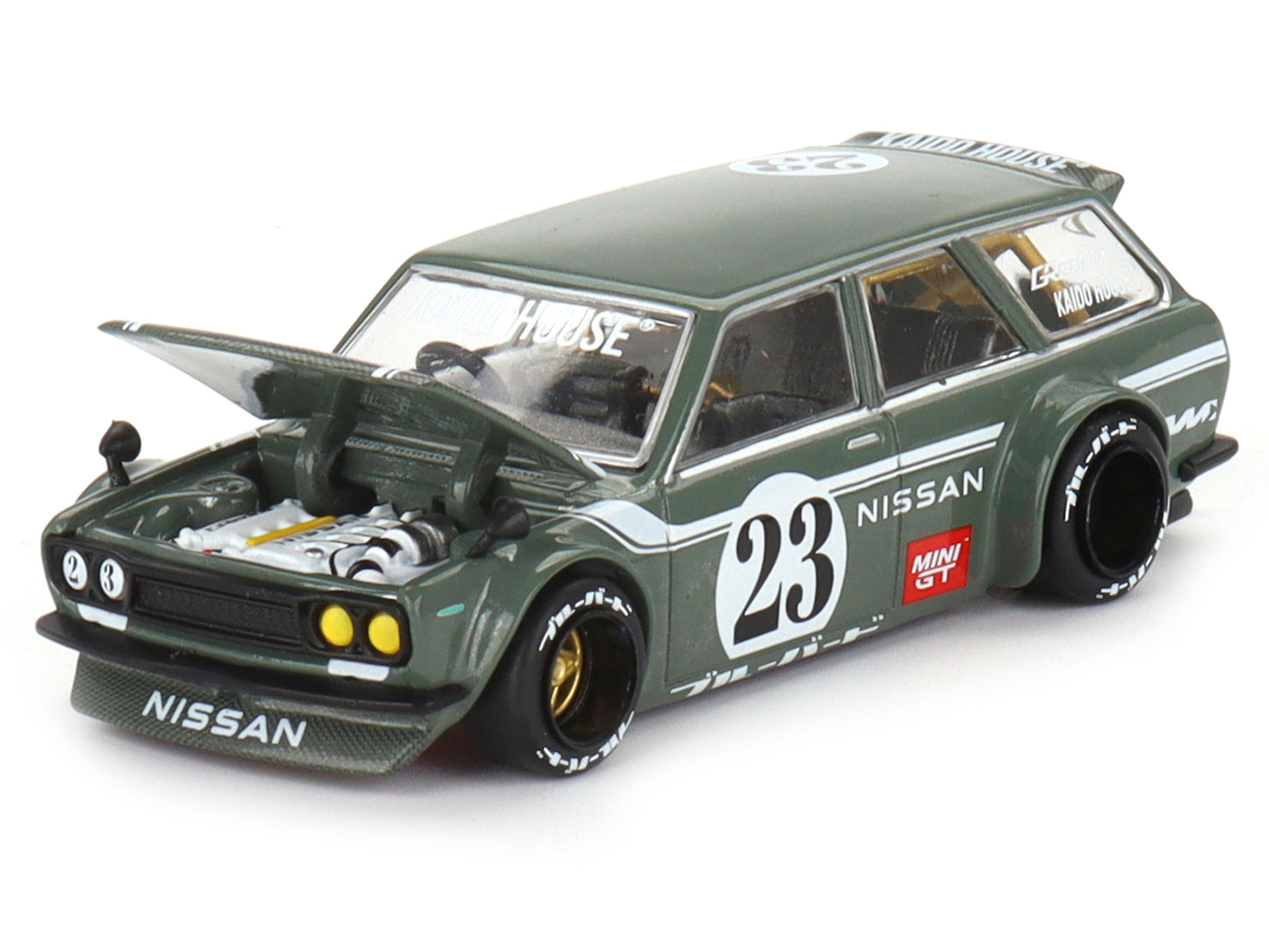 Brand new 1/64 scale diecast car model of Datsun 510 Wagon V3 RHD Right Hand Drive Dark Green with Green Carbon Hood and Rear Gate Designed