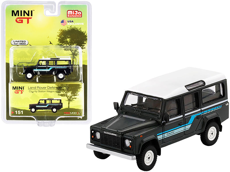 Brand new 1/64 scale diecast car model of 1985 Land Rover Defender 110 County Station Wagon Dark Gray with White Top Limited Edition to 1800