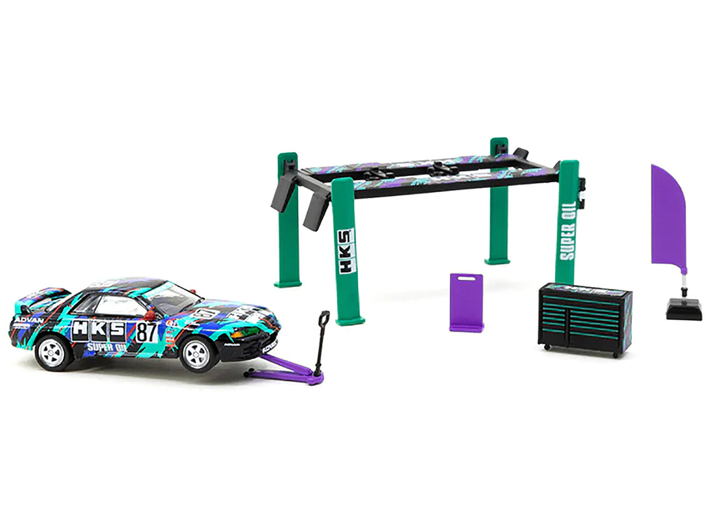 >Brand new 1/64 scale of "HKS" Garage Tools Set of 5 pieces with Stickers "Collab64" Series for 1/64 model cars by Tarmac Works.</li>
<li>L