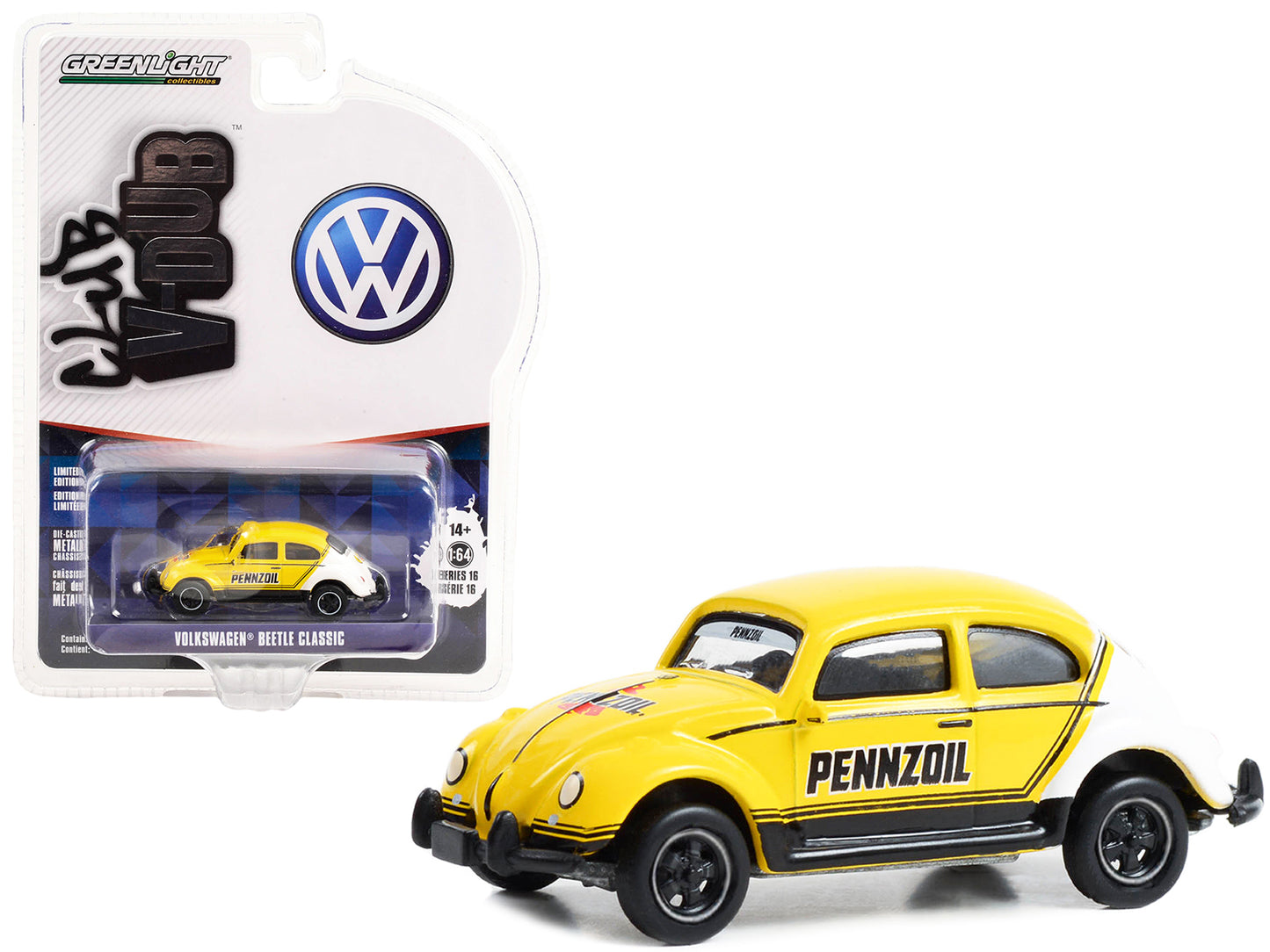 Brand new 1/64 scale diecast car model of Volkswagen Classic Beetle Yellow and White Pennzoil Racing Club Vee V-Dub Series 16 die cast model