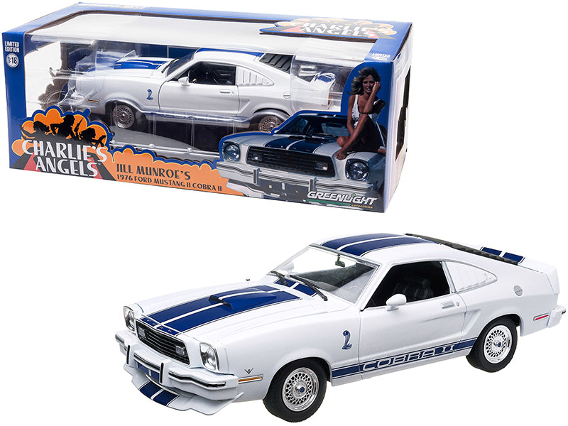 Brand new 1/18 scale diecast car model of 1976 Ford Mustang II Cobra II Jill Munroe's White with Blue Racing Stripes Charlie's Angels 1976-1