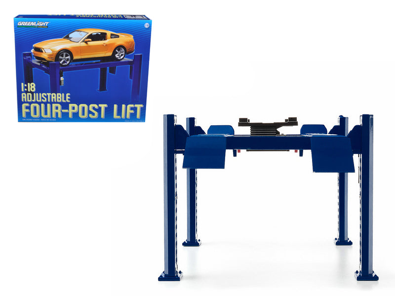 >Brand new 1/18 scale diecast model of Adjustable Four Post Lift Blue for 1/18 scale model cars by Greenlight.</li>
<li>Brand new box.</li>