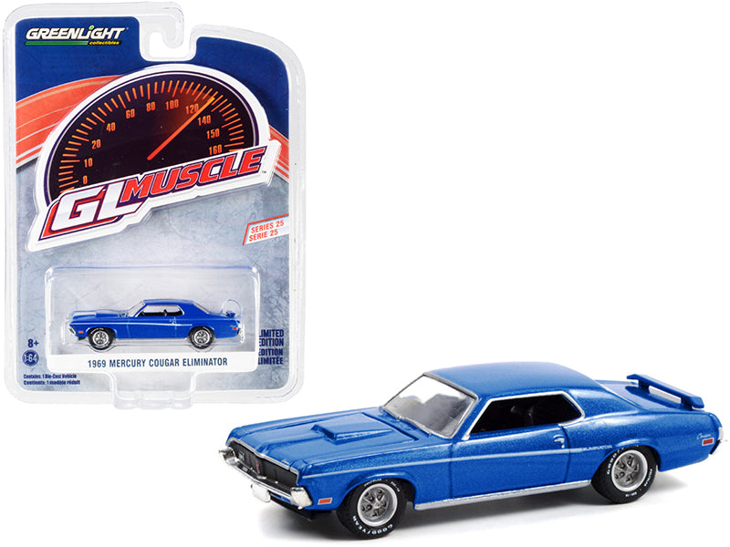 Brand new 1/64 scale diecast car model of 1969 Mercury Cougar Eliminator Medium Blue Iridescent Metallic Greenlight Muscle Series 25 die cas