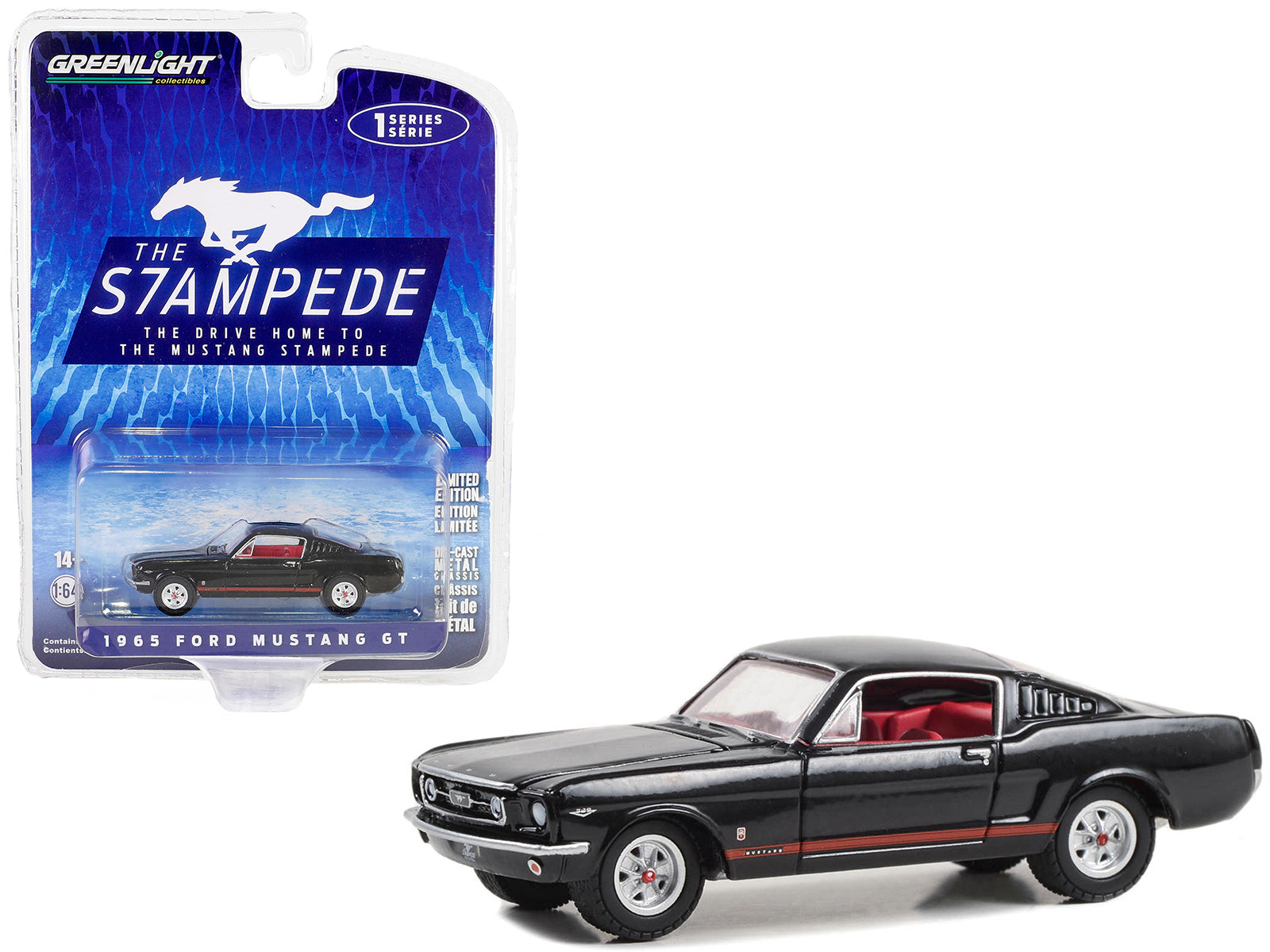 Brand new 1/64 scale diecast car model of 1965 Ford Mustang GT Raven Black with Red Stripes and Red Interior The Drive Home to the Mustang S