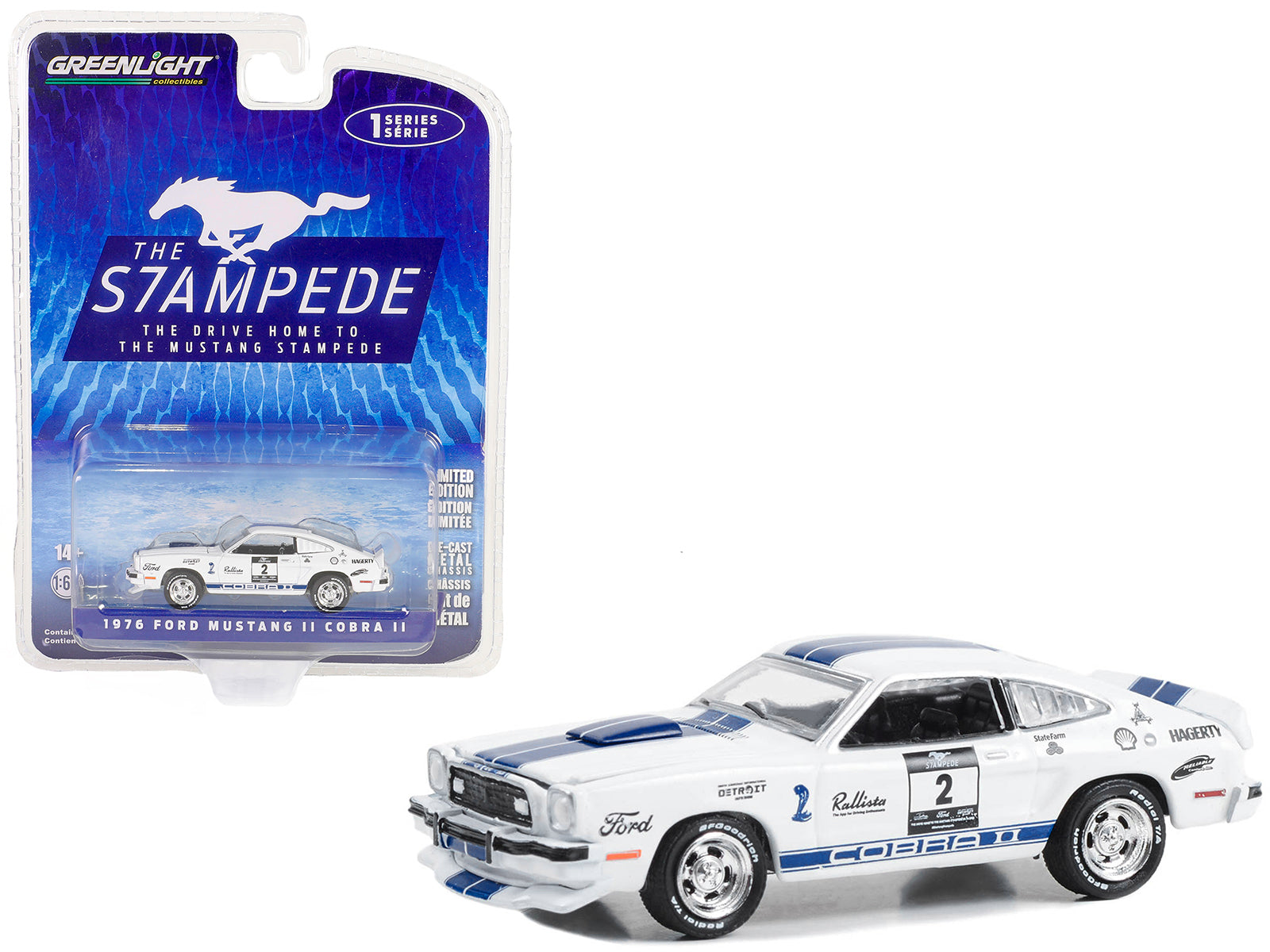 Brand new 1/64 scale diecast car model of 1976 Ford Mustang II Cobra II #2 White with Blue Stripes Stampede Car The Drive Home to the Mustan